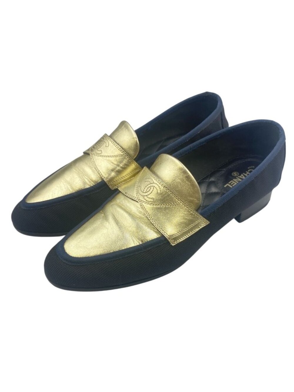 Chanel Loafers Shoes Leather CC Logo Mesh Gold Black